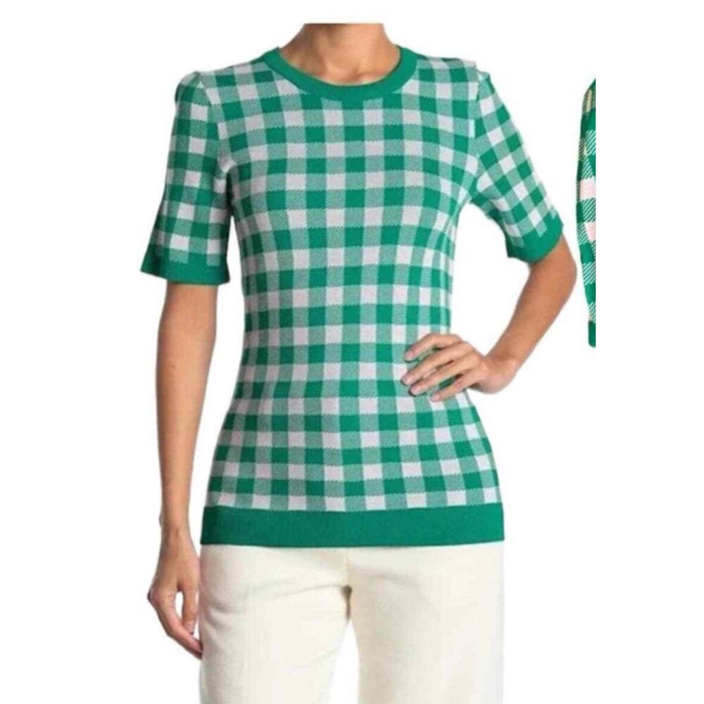 Ronny Kobo Check Plaid Short Sleeve Sweater Green and White Size Large Preppy